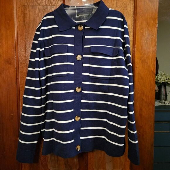 Merokeety Navy & White Striped Button Cardigan Sweater Women's Large NWT Nautic - Picture 1 of 10